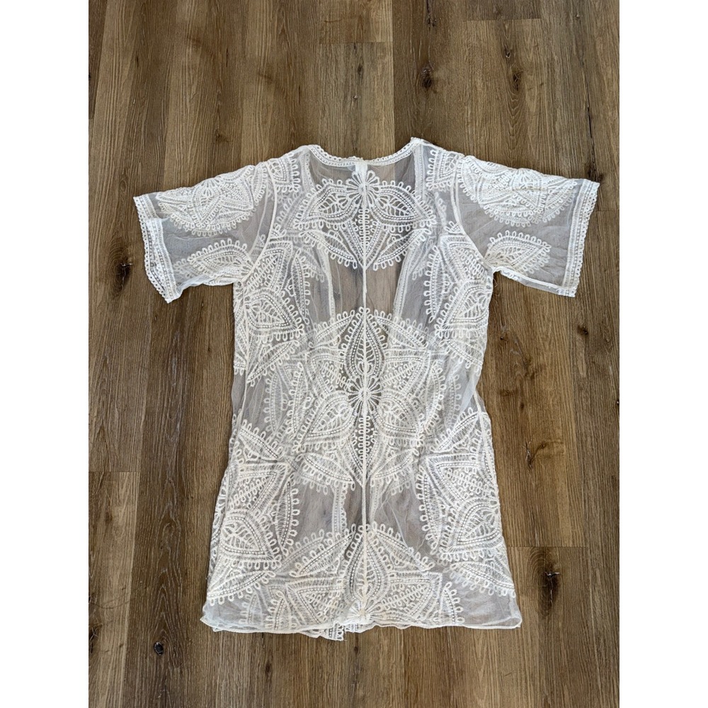 Boho Lace Duster Medallion Mesh Kimono Cardigan Women L-XL Cream Sheer Cover Up - Picture 9 of 9